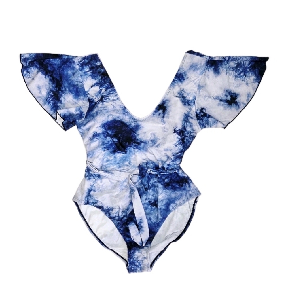 Meet Curve New Flutter Sleeve Tie Dye Swimsuit Women's Size 2XL Navy/White